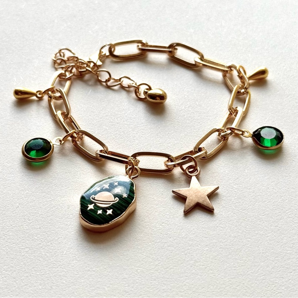 Handmade Charm Bracelet / Space / Planets / Stars / Gold Coloured
